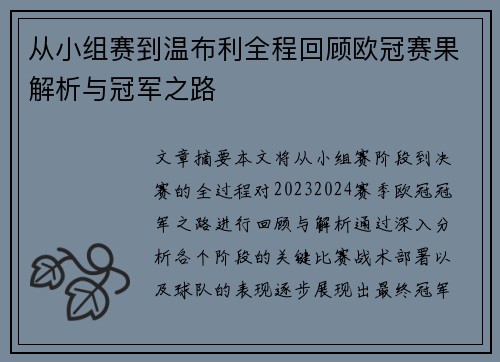 从小组赛到温布利全程回顾欧冠赛果解析与冠军之路