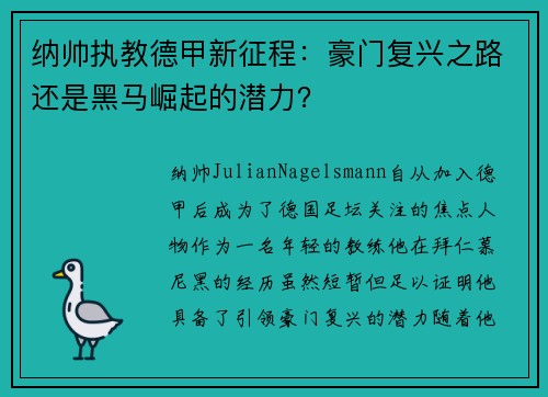 纳帅执教德甲新征程：豪门复兴之路还是黑马崛起的潜力？