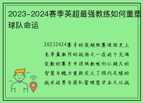 2023-2024赛季英超最强教练如何重塑球队命运