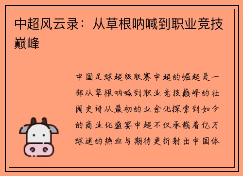 中超风云录：从草根呐喊到职业竞技巅峰